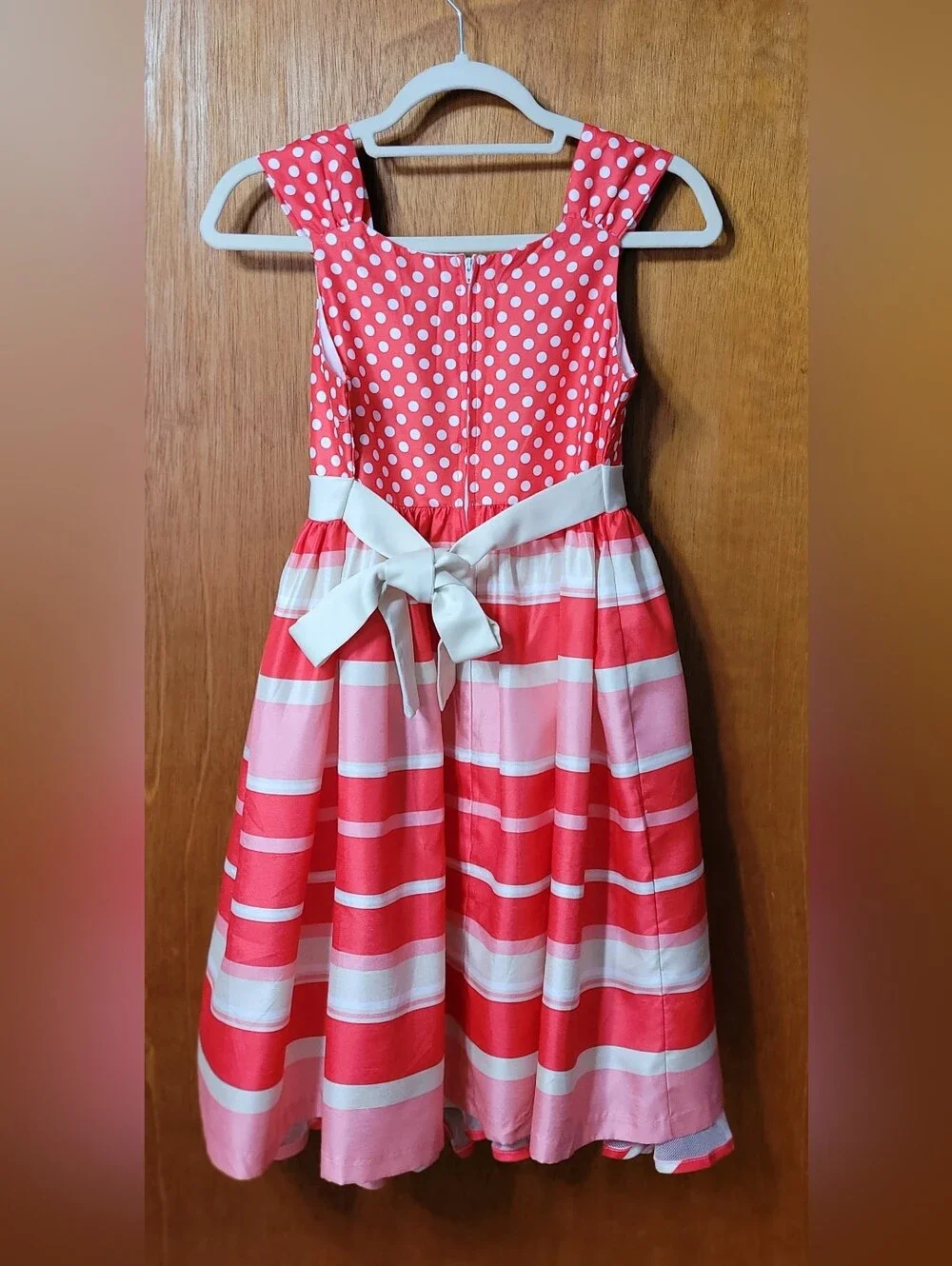 Bonnie Jean Girls Dress Size 16 Rose Red Pink Cream Stripe Polka Dot (0964)